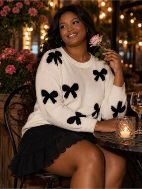 White Bow Pattern Crewneck Sweater - Women's